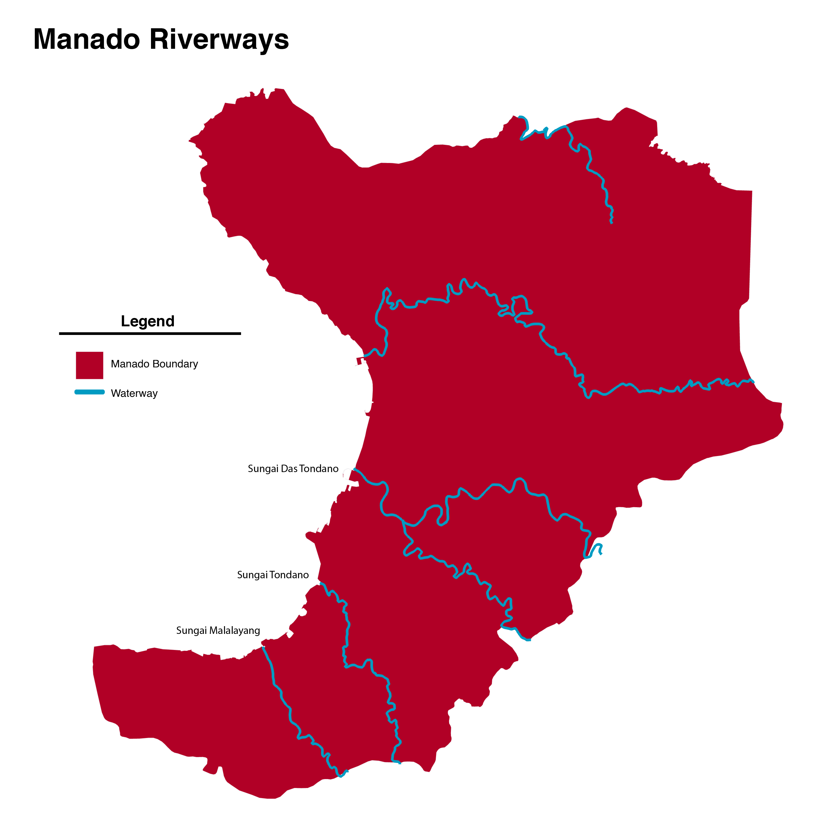 Manado river systems map showing Sungai Tondano, Das Tondano, and Malalayang draining to the sea