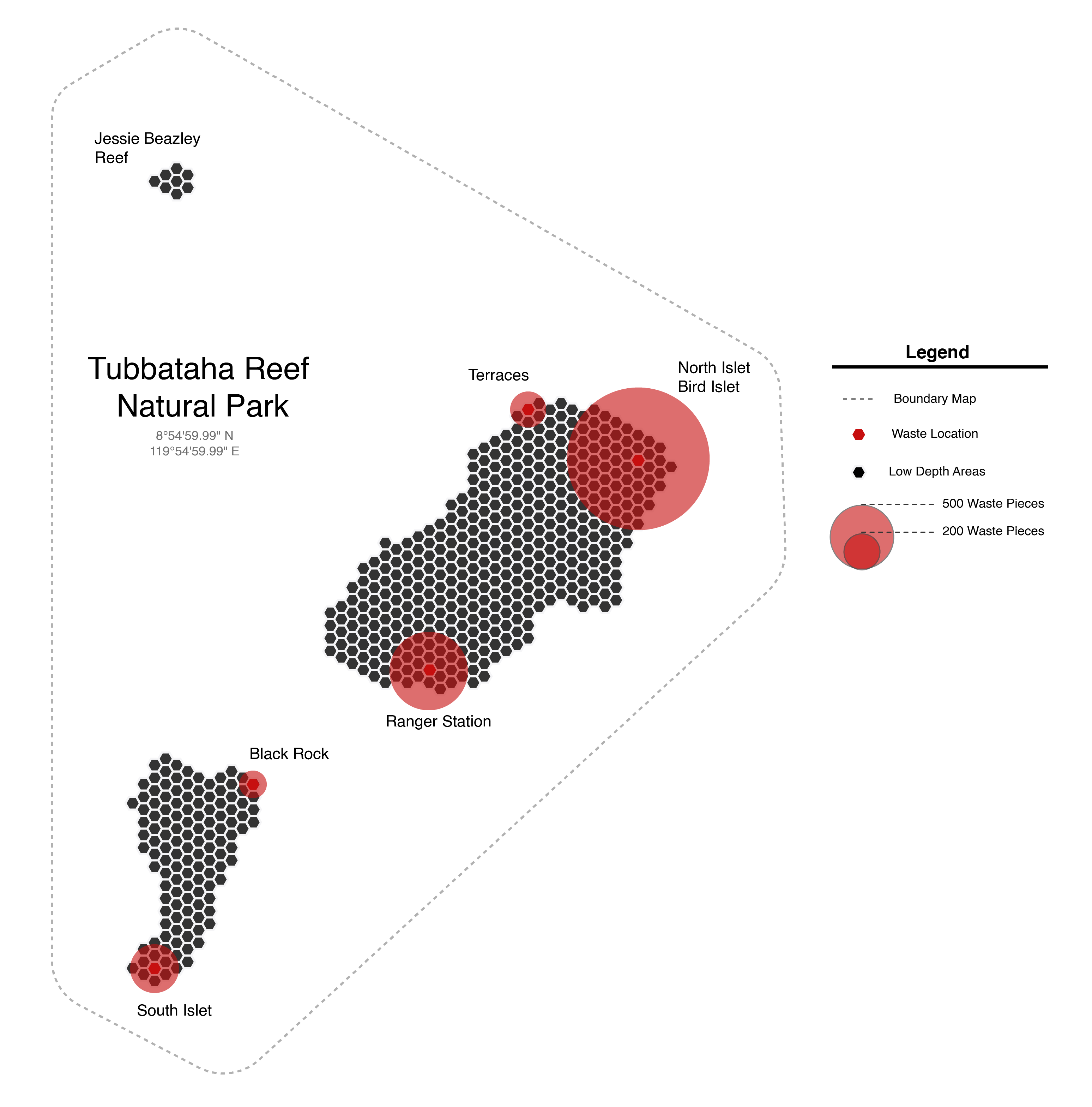 Tubbataha Reef marine debris collection points hexbin map
